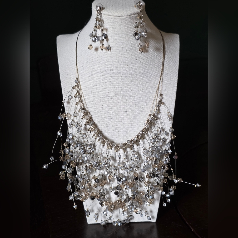 Chico's Gold and Silver Necklace with Intricate Design Includes Earrings